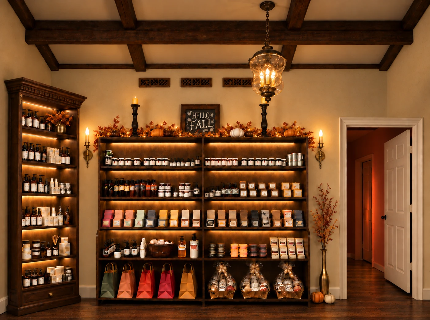 Warmly lit shelves at Rapunzel's, with a treatment room through the doorway