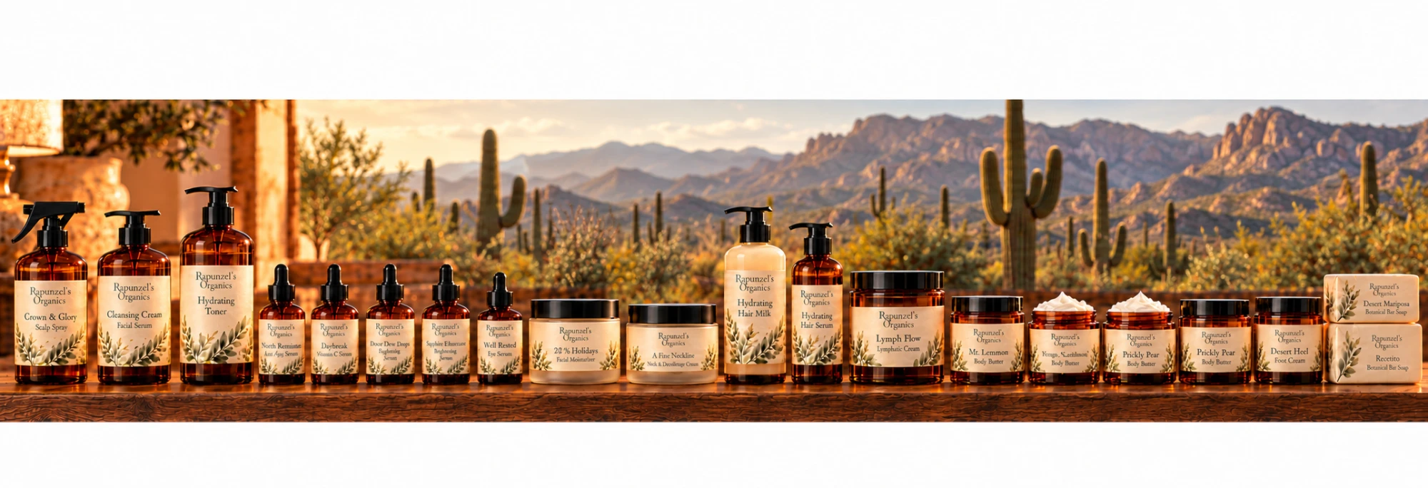The Rapunzel's Organics collection lined up along a sunlit wooden table, the Sonoran desert and saguaros through the window behind