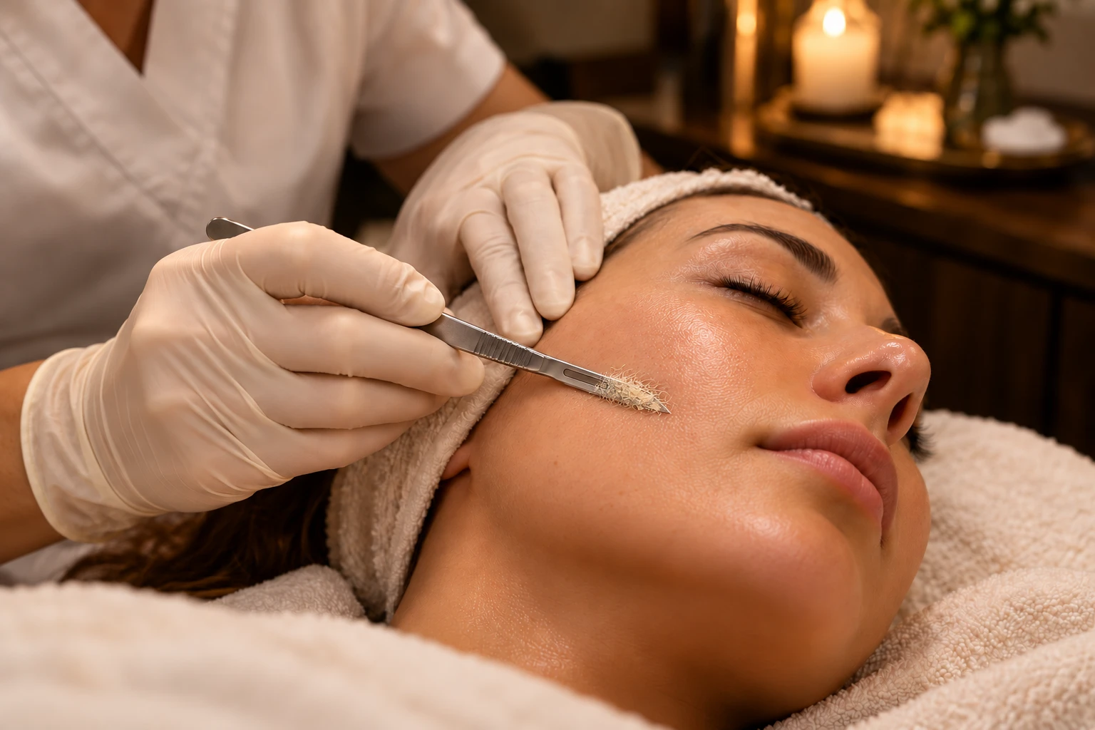 A dermaplaning blade drawn gently across a client's cheek, her eyes closed, candlelight behind