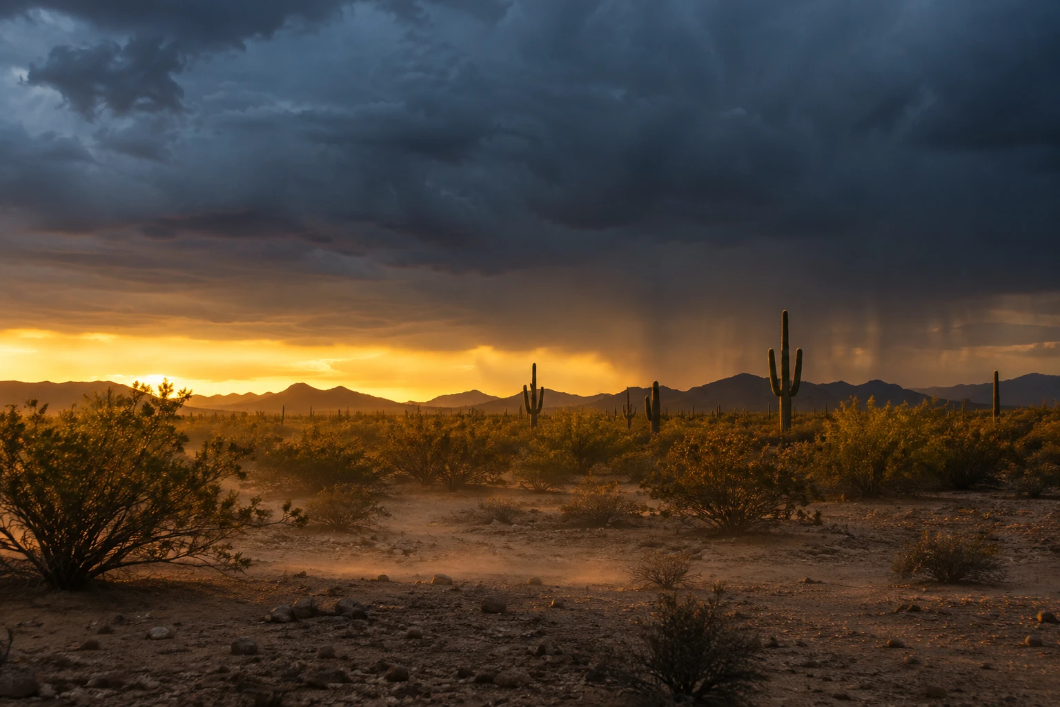 A monsoon storm over the Sonoran Desert at sunset, rain falling in the distance