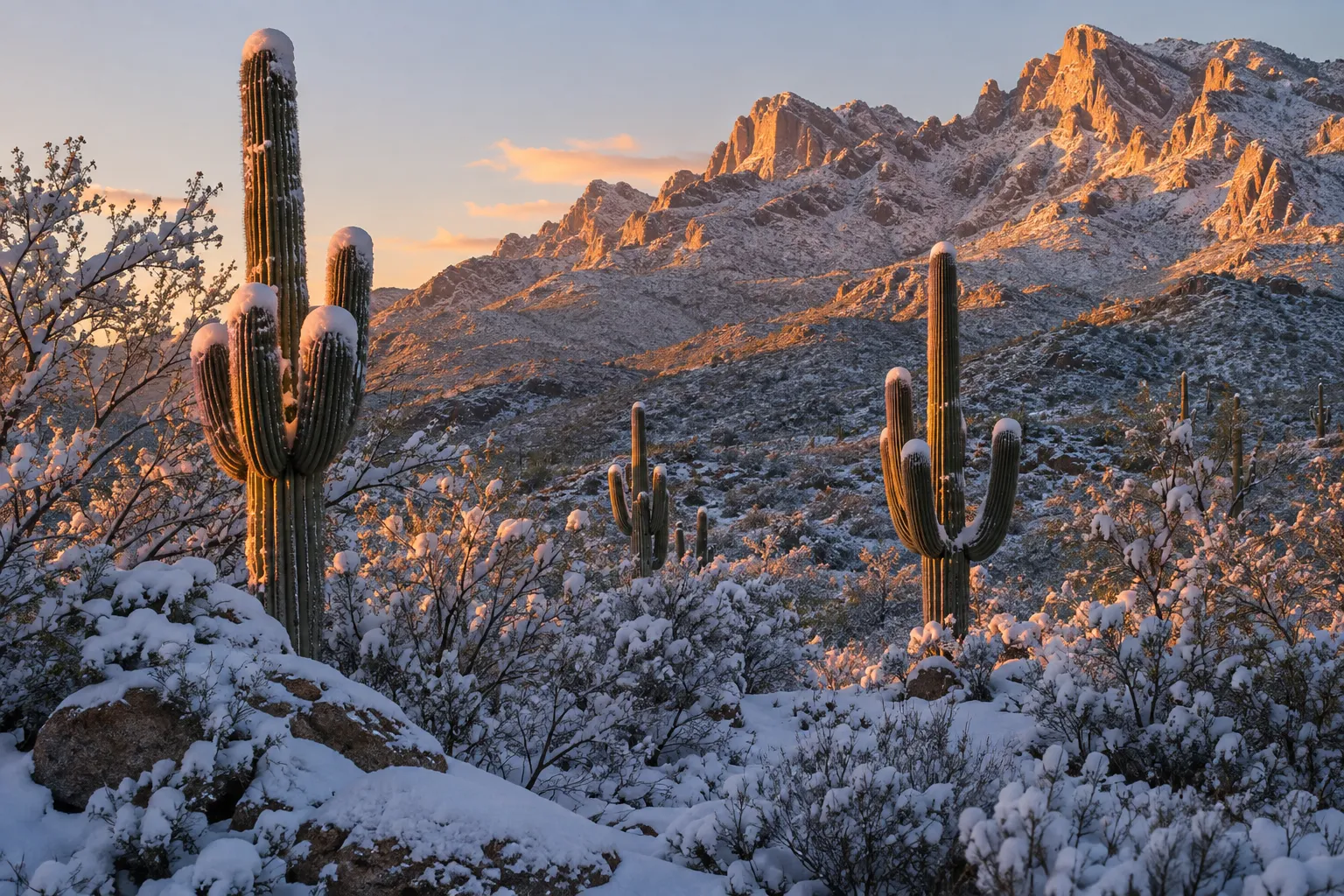 Snow on the saguaros, with the Santa Catalina Mountains at first light