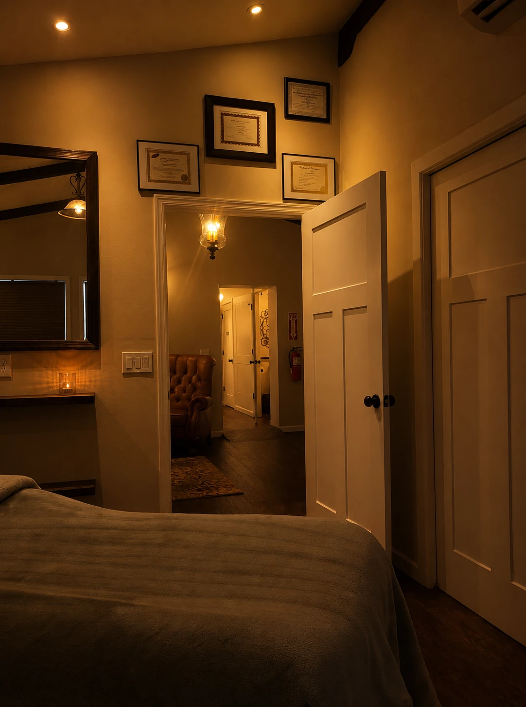 The view from a treatment room, through the doorway to the chair in the hall