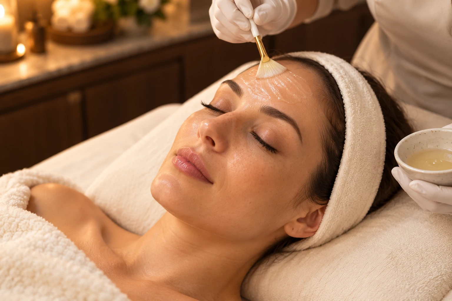 A fan brush laying a pale serum across a client's forehead, her eyes closed, candlelight behind