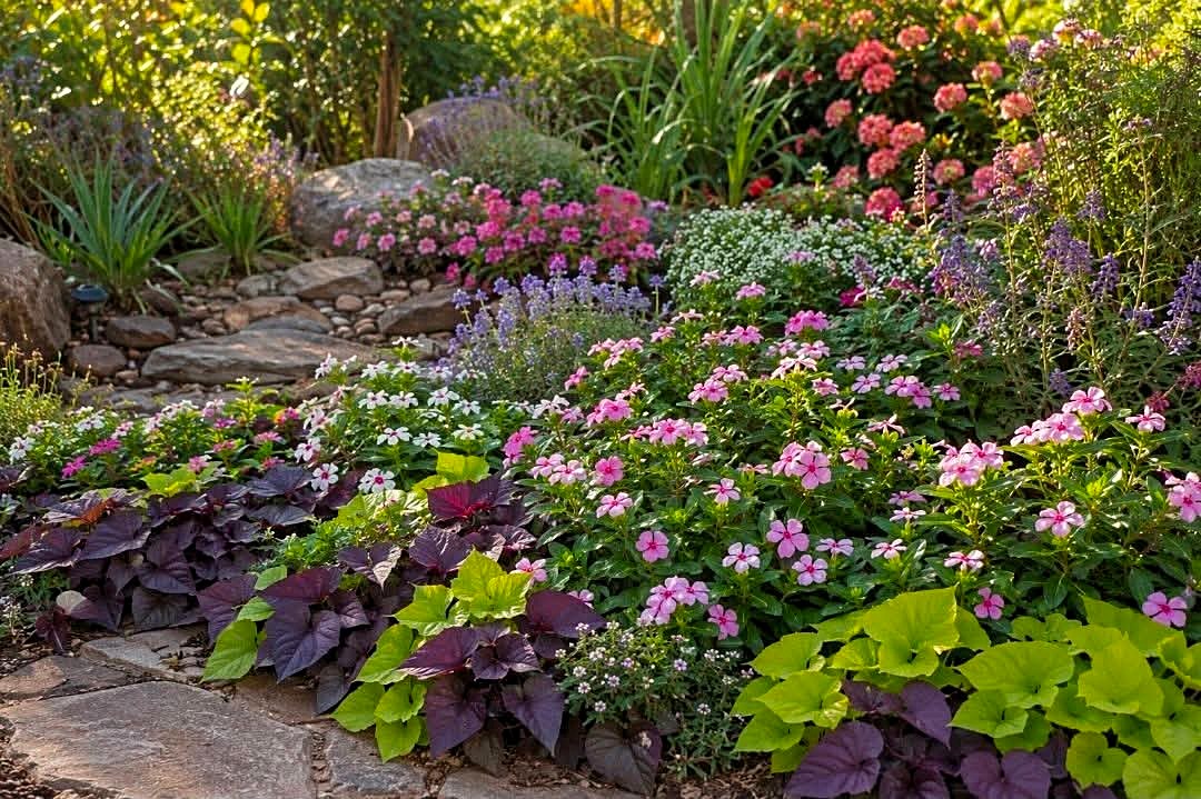 Pink and white vinca, purple and lime sweet potato vine along a stone path