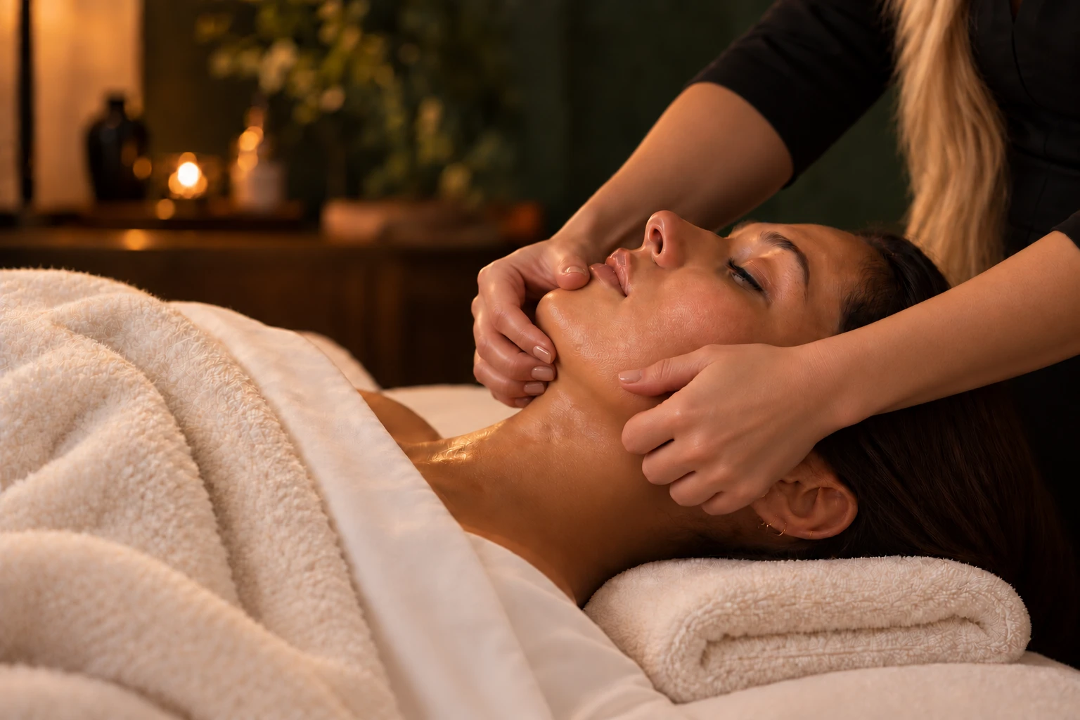 Hands cradling a client's jaw and neck in a slow lymphatic drainage motion, her eyes closed, warm candlelight behind