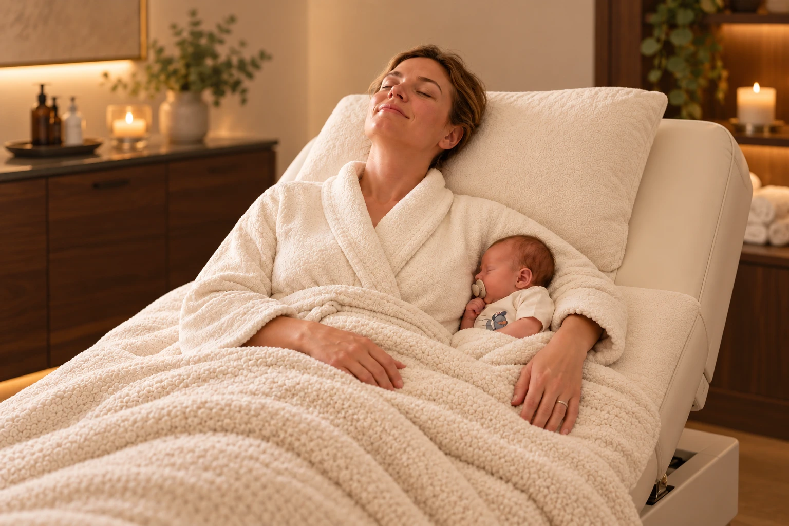 A mother resting in a robe on a treatment chair with her newborn asleep beside her, candlelight in the room