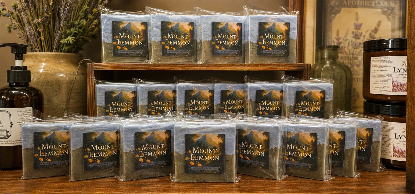 Bars of Mount Lemmon soap stacked on wooden shelves
