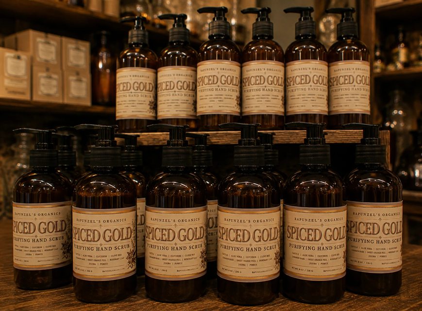 Pump bottles of Spiced Gold purifying hand scrub in rows