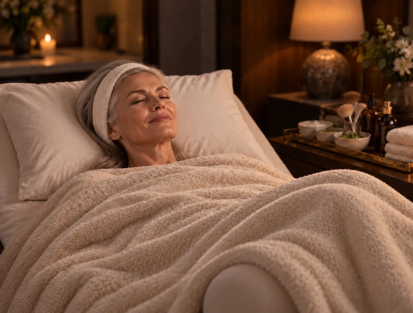 A woman resting under a thick cream blanket during a long treatment, a tray of brushes, bowls and bottles prepared beside her in warm lamplight