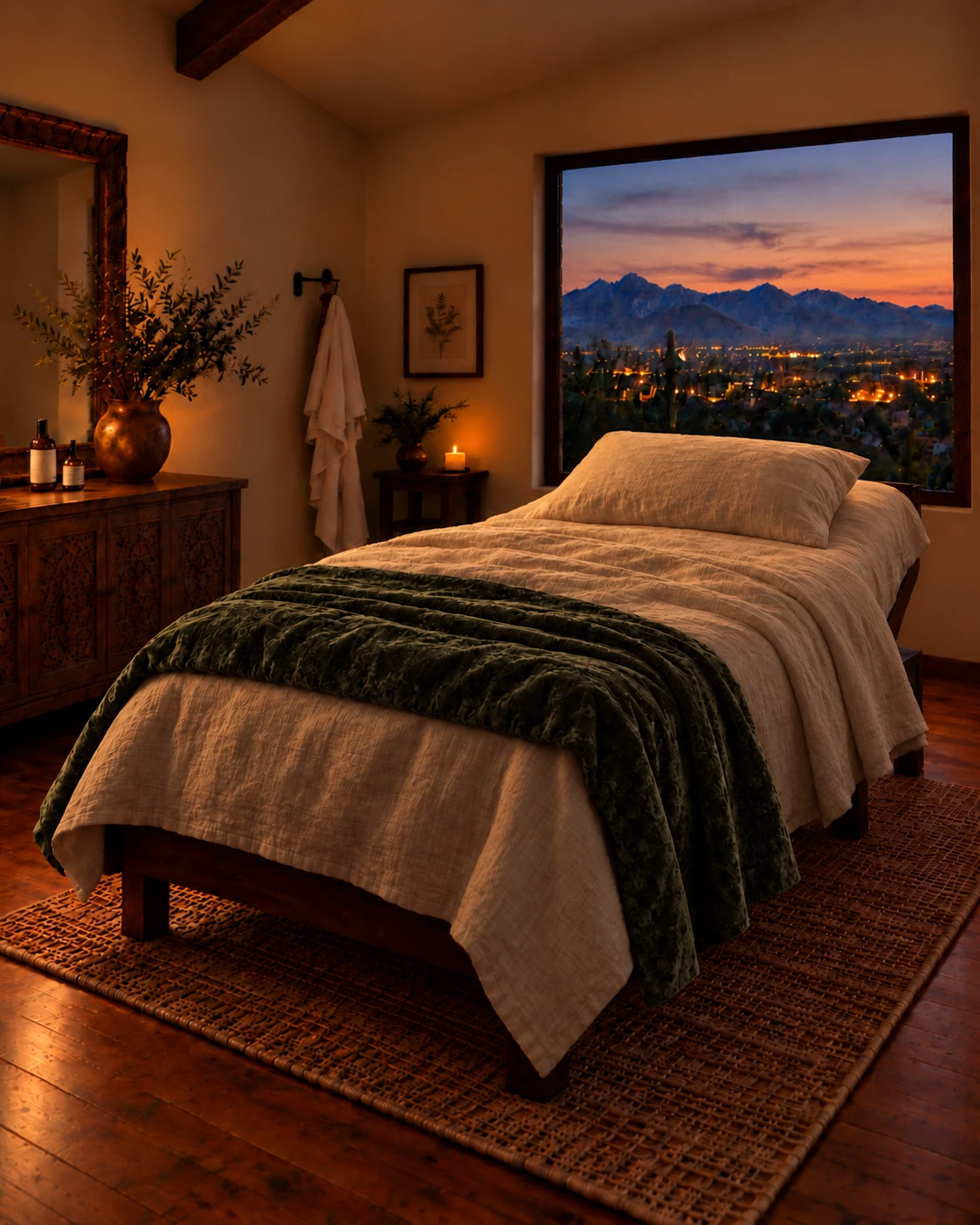 A treatment bed made up in cream linens with a green velvet throw, beside a window onto the desert, the mountains and the town lights at dusk