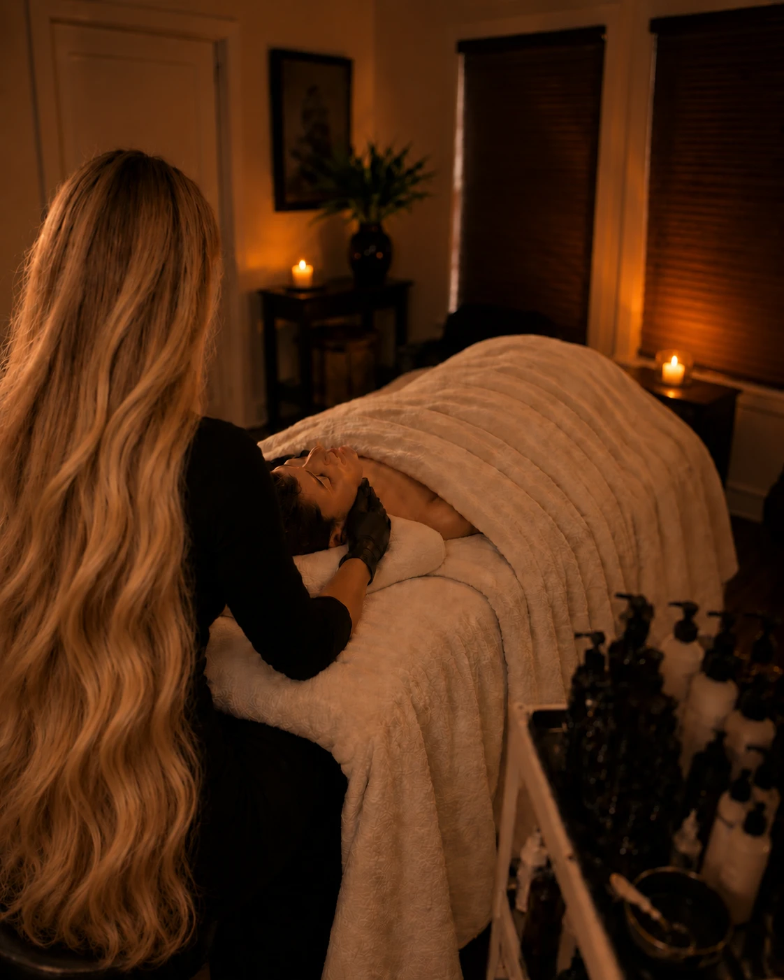 Stephanie with a guest in a candlelit treatment room